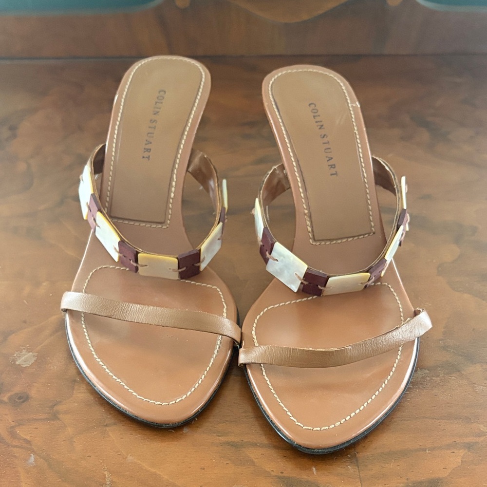 Colin Stuart Tan Leather Slide Sandals with Gold & Cream Chain Accents